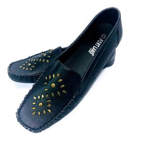 PORT LAND Womens Black Faux Leather Studded Square Toe Loafer Flats Size‎ 7.5